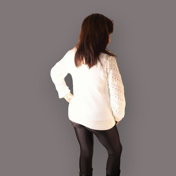 MY STYLE WOMENS SIZE SP WHITE BEIGE SWEATER WITH DESIGNED LACE HOLES - Picture 2 of 5